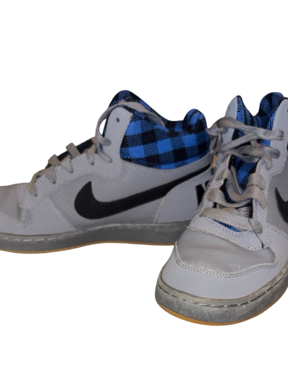 Nike Kids Gray Sneakers with Black Swoosh and Blue Plaid Collar